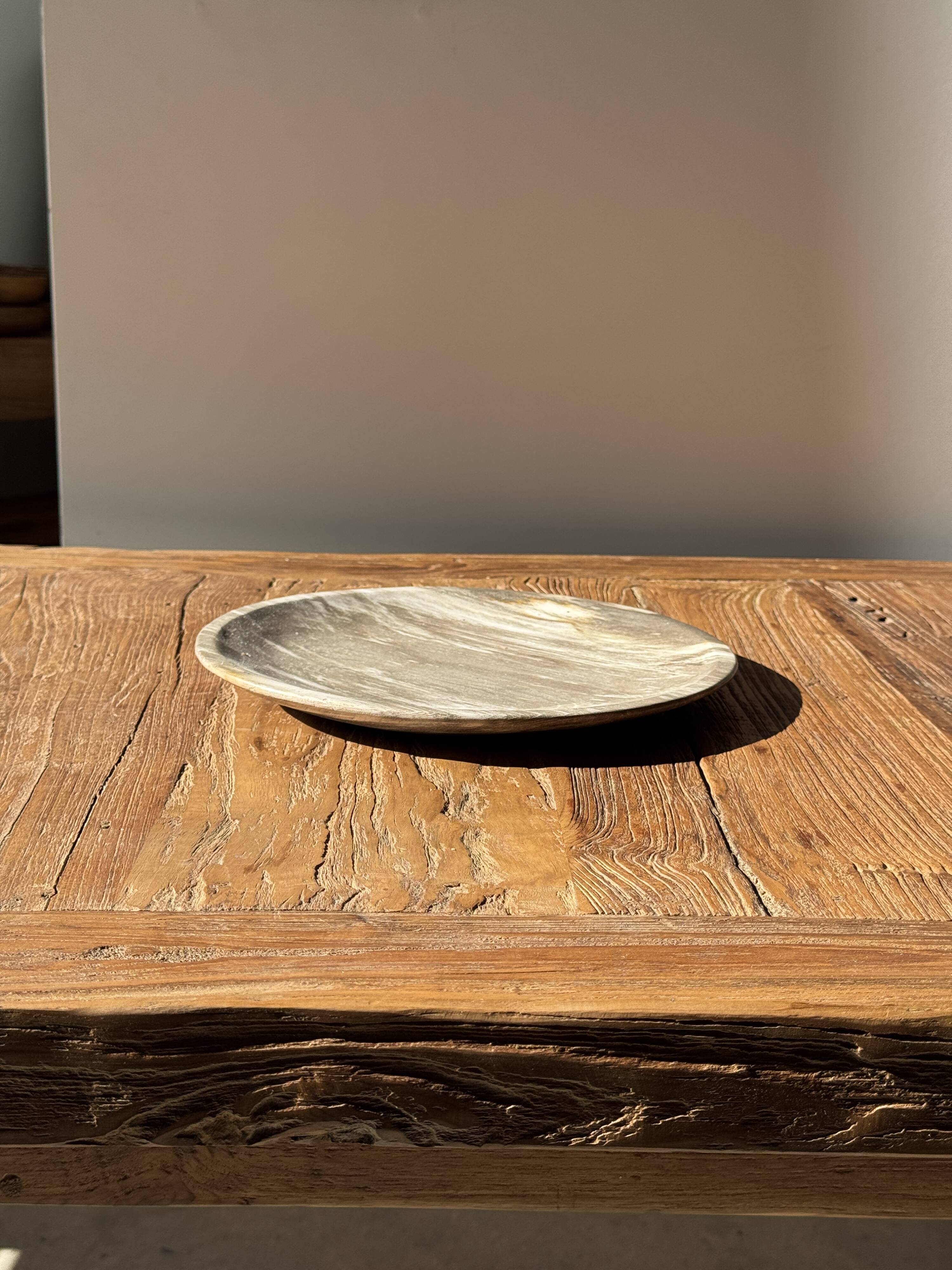 Petrified wood vide poche, circular dish or plate in light beige D25.