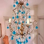Italian chandelier with blue beads and gilded wood