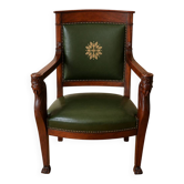 Fauteuil de bureau de style Empire en acajou et cuir, accotoirs à caryatides
