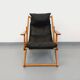 Vintage adjustable folding chaise longue armchair in pine and faux leather