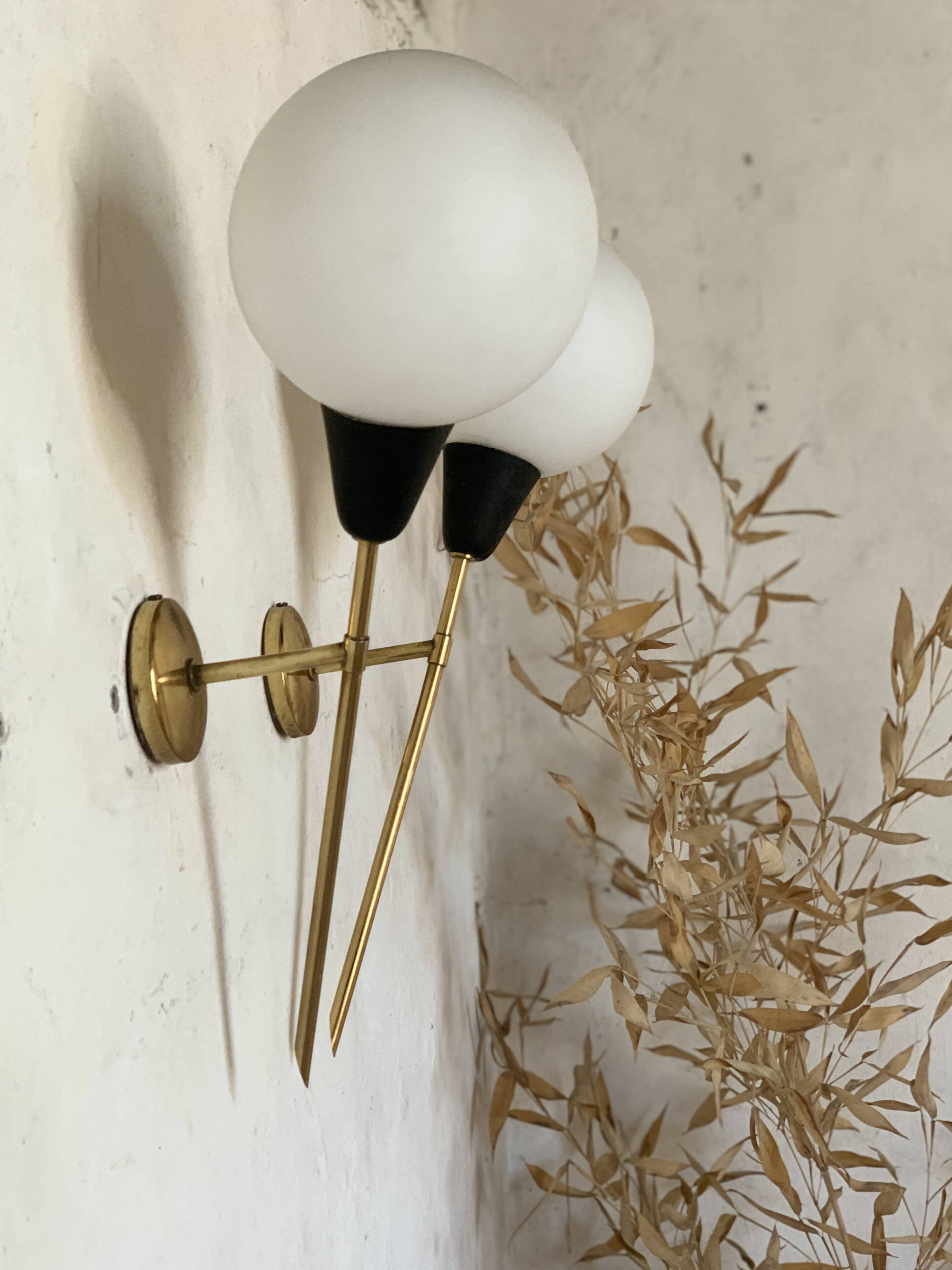 Pair of vintage brass and opaline wall lights