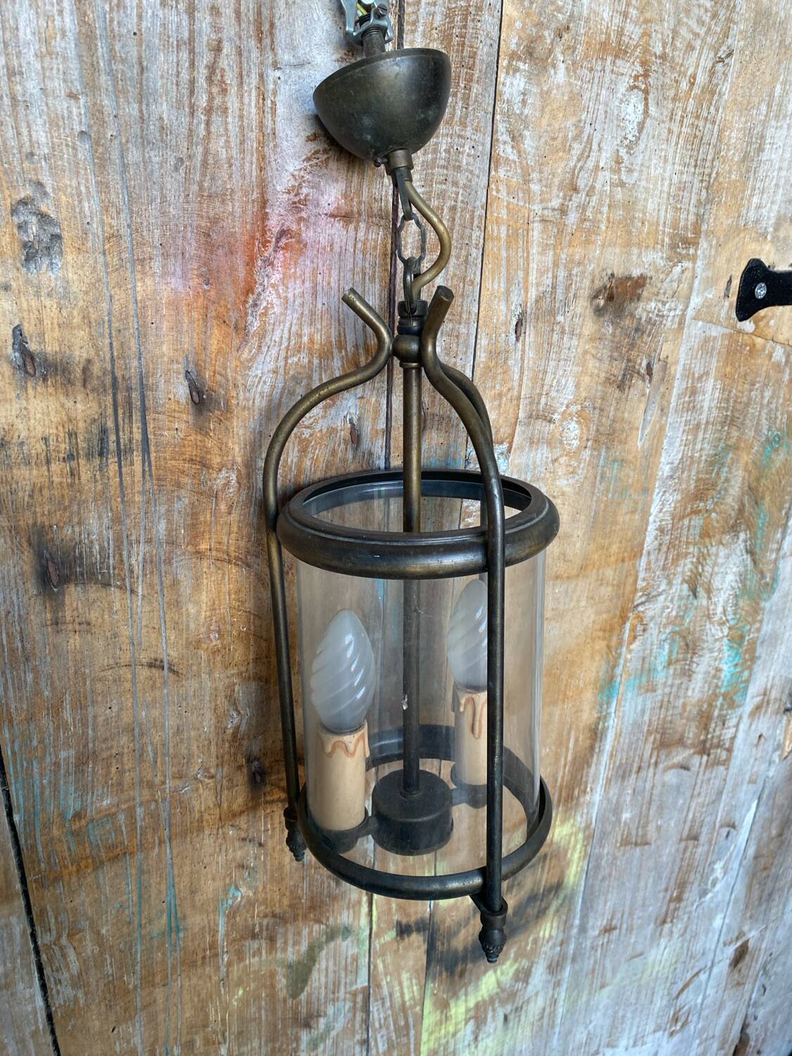 Antique brass lantern pendant light 2 lights + vintage glass cylinder