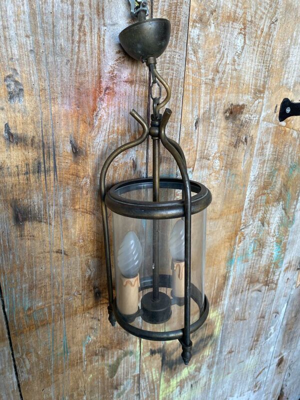 Ancienne suspension lanterne laiton 2 lumières + cylindre verre vintage