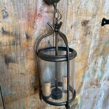 Ancienne suspension lanterne laiton 2 lumières + cylindre verre vintage