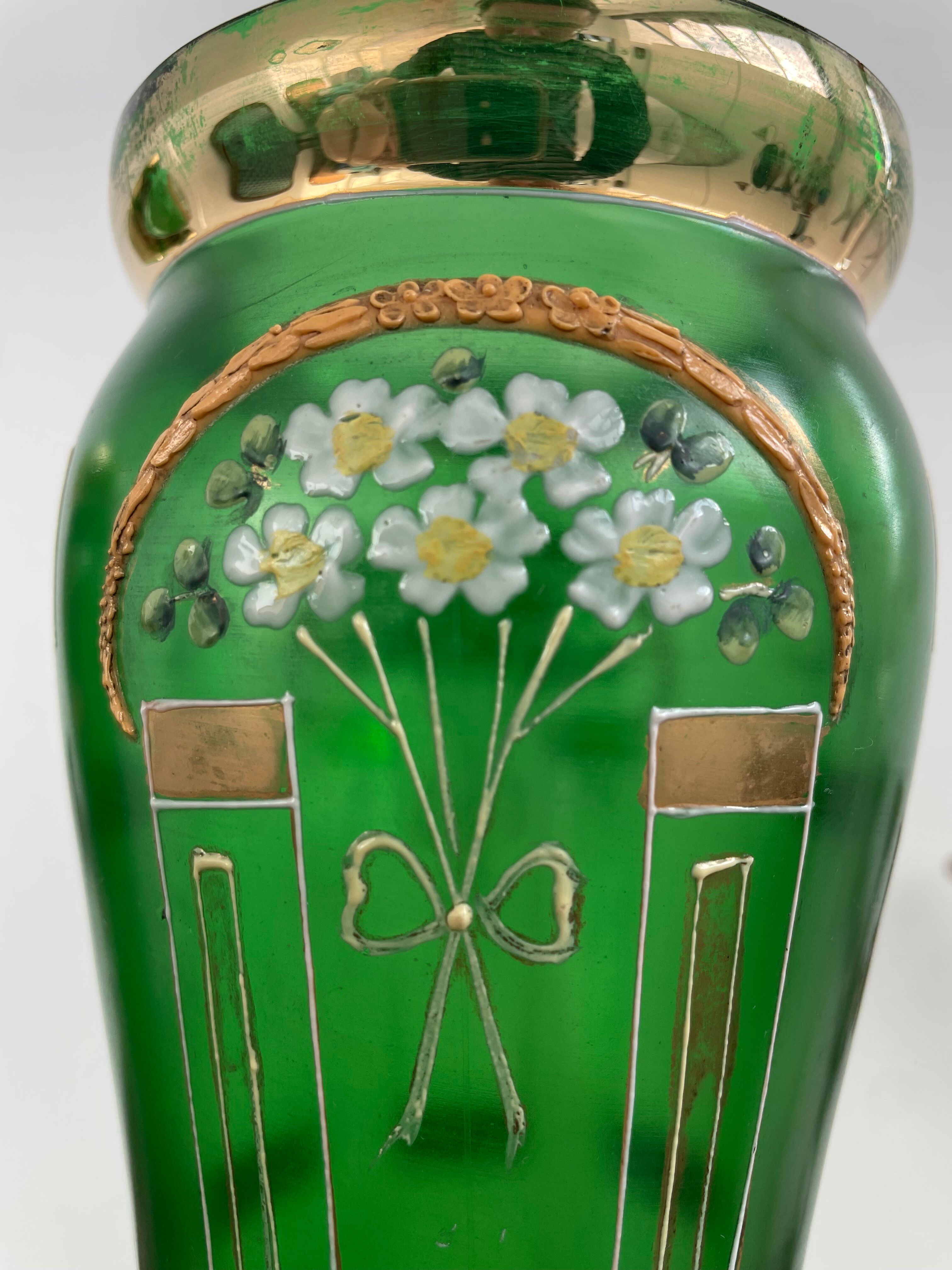 Antique, pair, green vases, flower decoration, golden, ART DECO, daisies, knot, hand painted