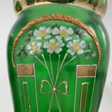 Paire de vases verts, décor fleurs, doré, art deco, marguerites, nœud, peint à la main, antique