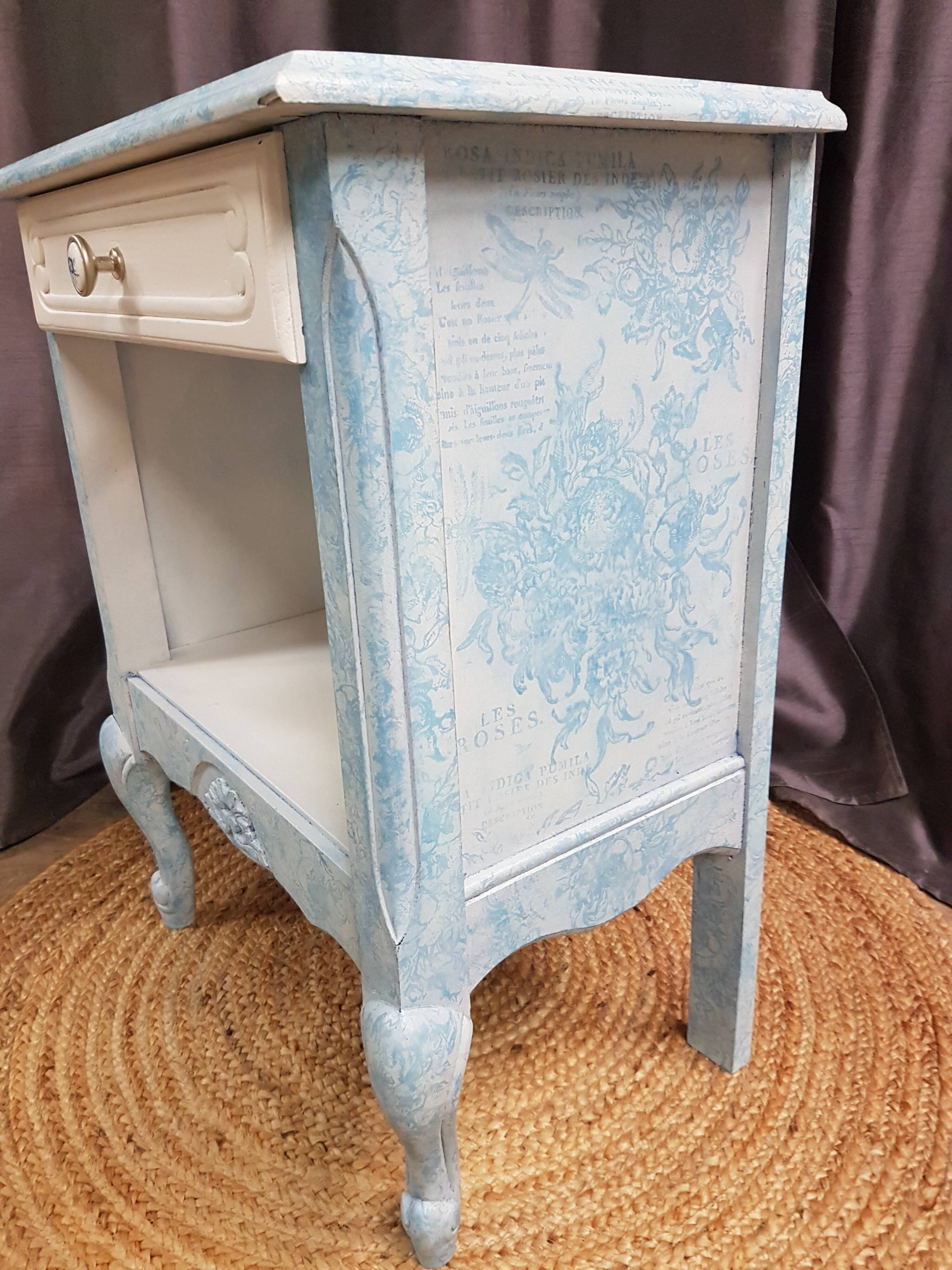 Low bedside table, 1 drawer, white and blue redesigned