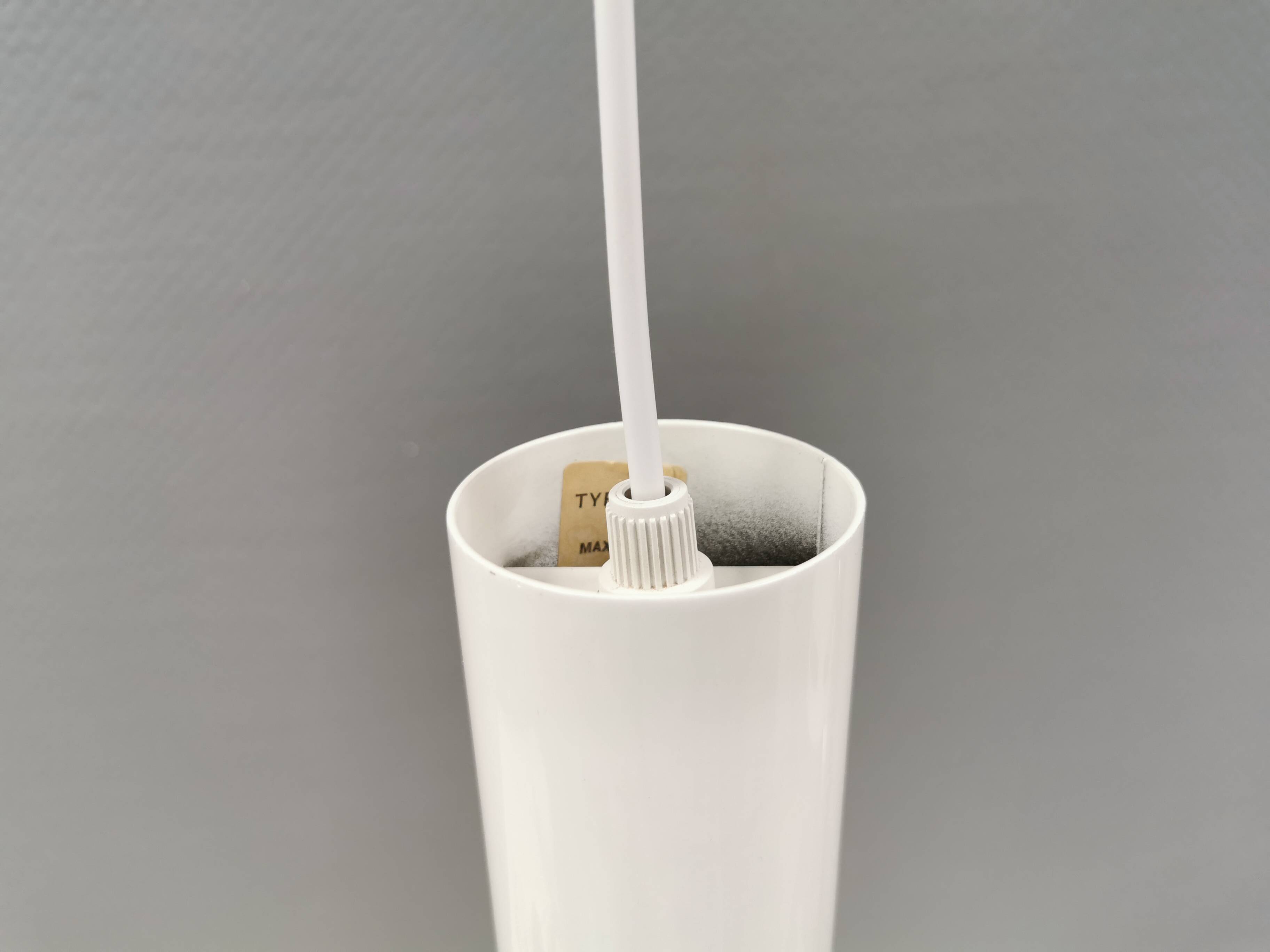 Two small cylindrical hanging lamps in white powder-coated 1980s
