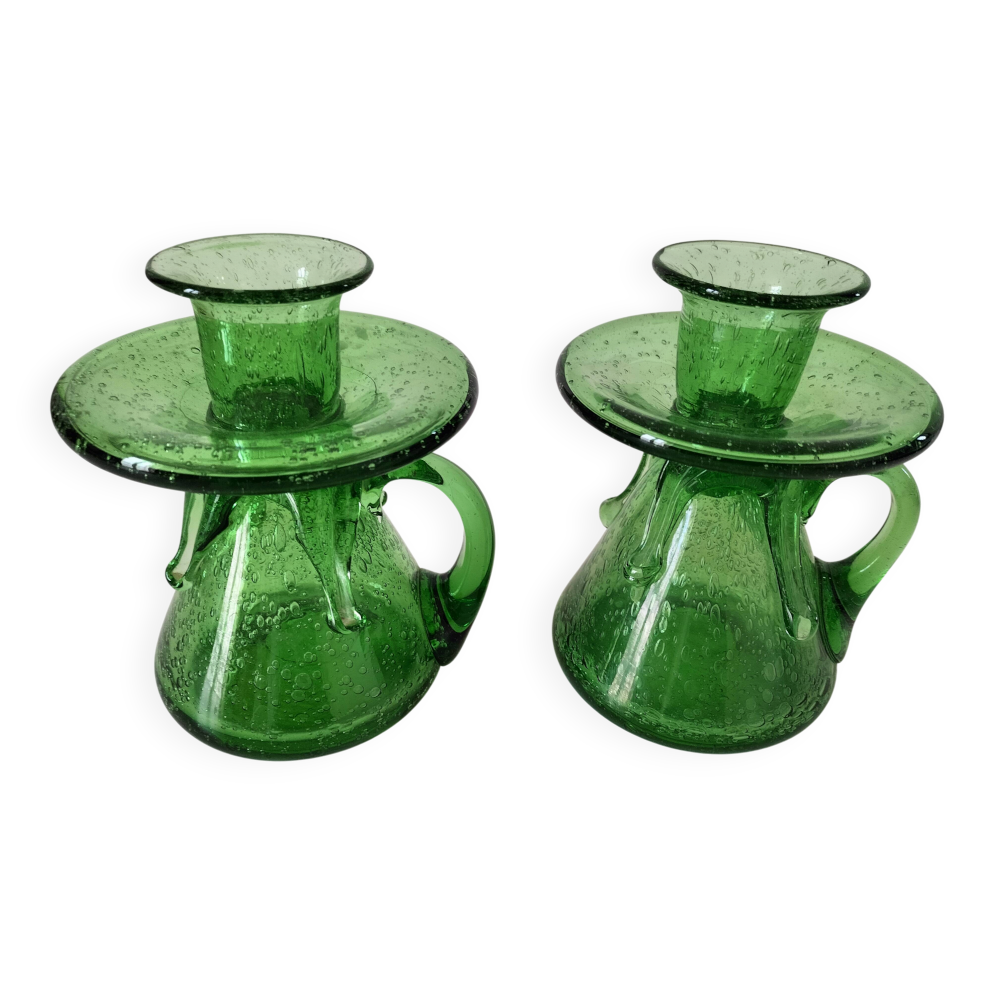 Duo de bougeoirs en verre bullé vert – Verrerie de Biot