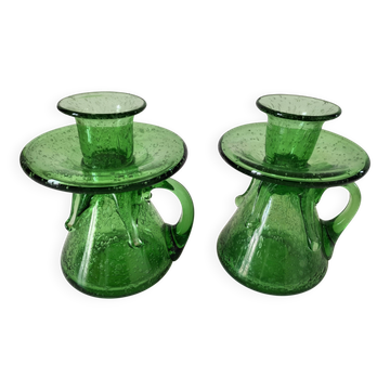 Duo de bougeoirs en verre bullé vert – Verrerie de Biot