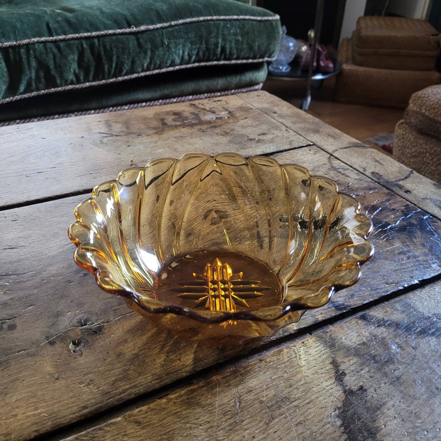 Amber glass bowl - vintage twisted design