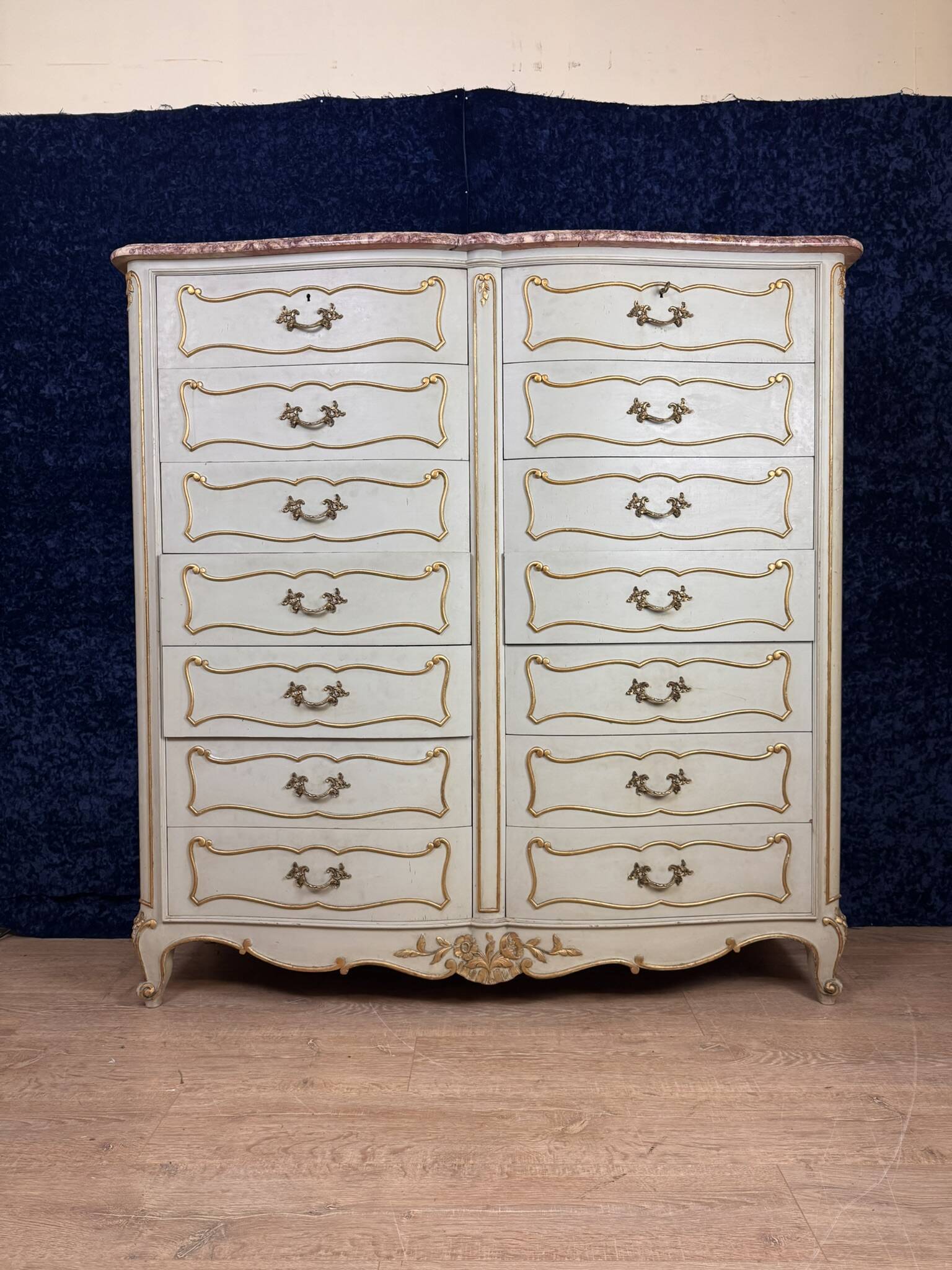 Louis XV style double row crossbow chest of drawers in lacquered and gilded wood circa 1900