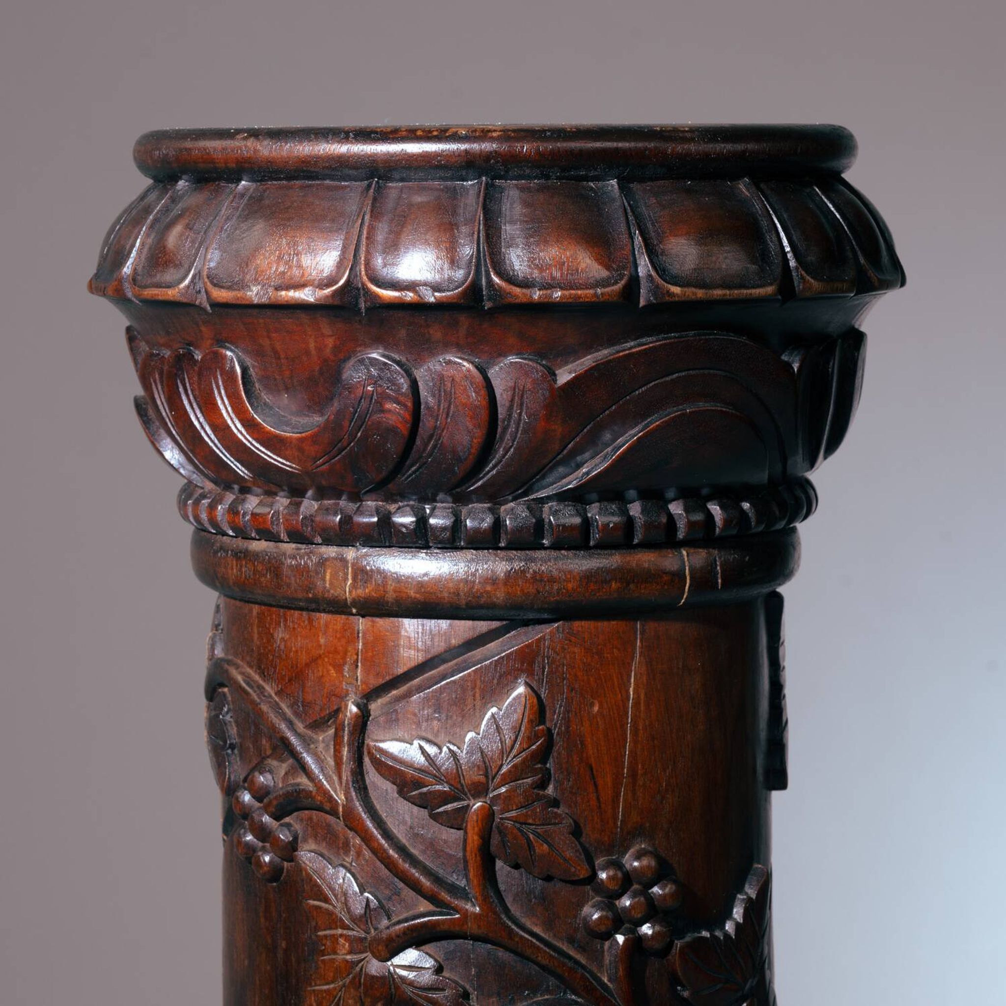 2 wooden pedestals column with Hand-Carved Grapevine Motif, France 1950s