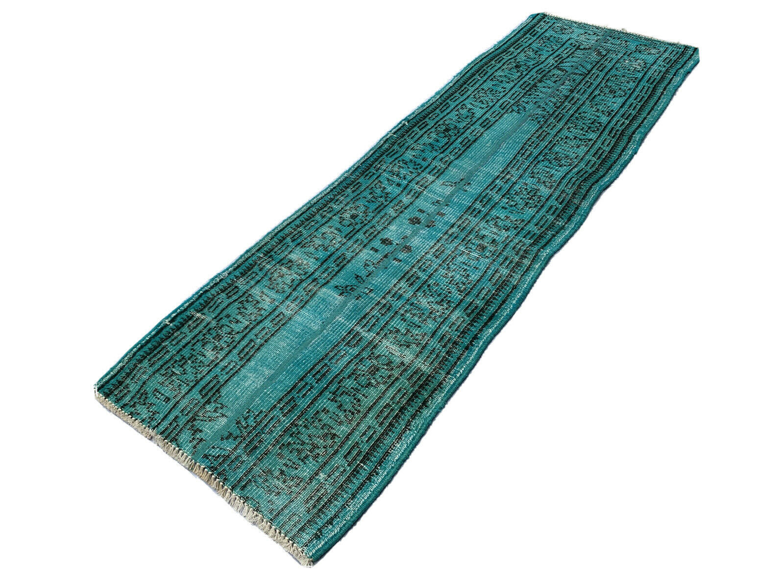 Distressed Turkish Narrow Runner 195 x 64 cm Wool Vintage rug, Overdyed Turquoise