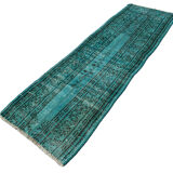 Distressed Turkish Narrow Runner 195 x 64 cm Wool Vintage rug, Overdyed Turquoise
