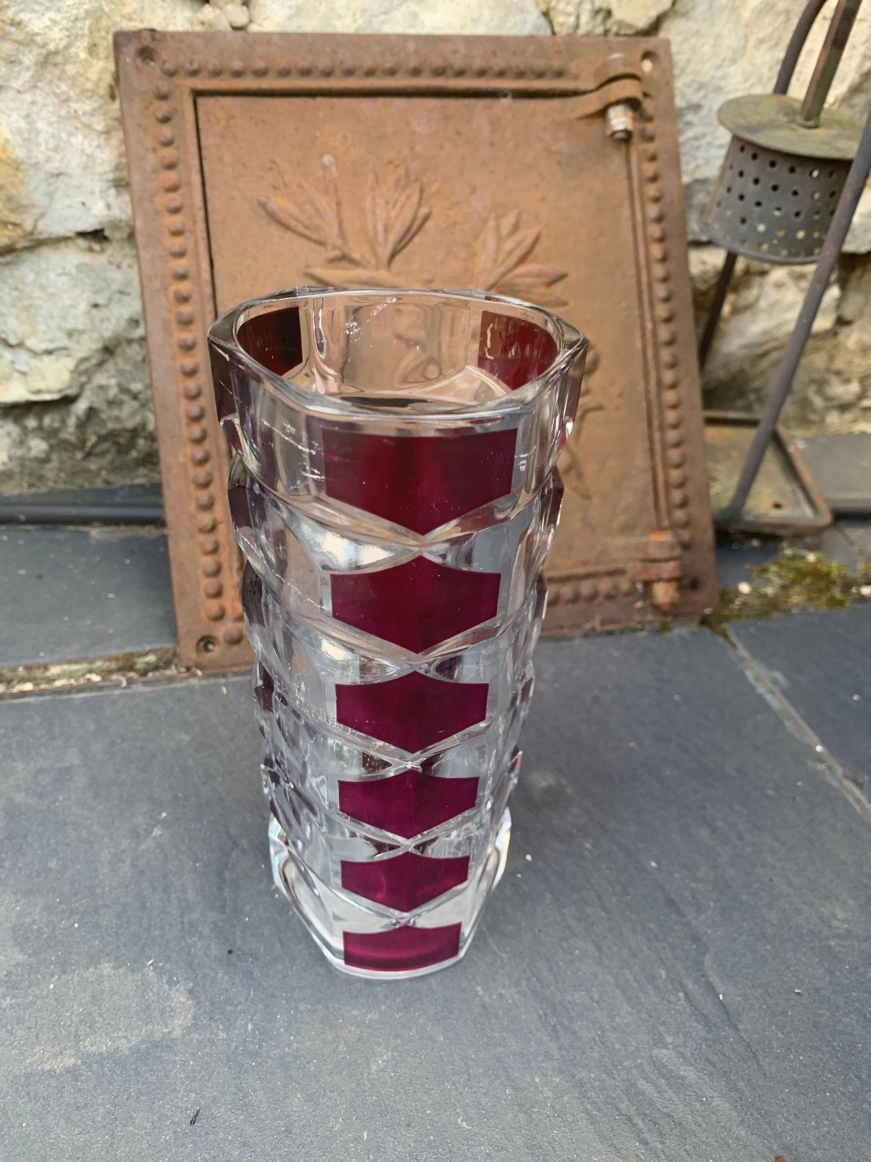 Transparent glass vase and burgundy design and vintage 1970