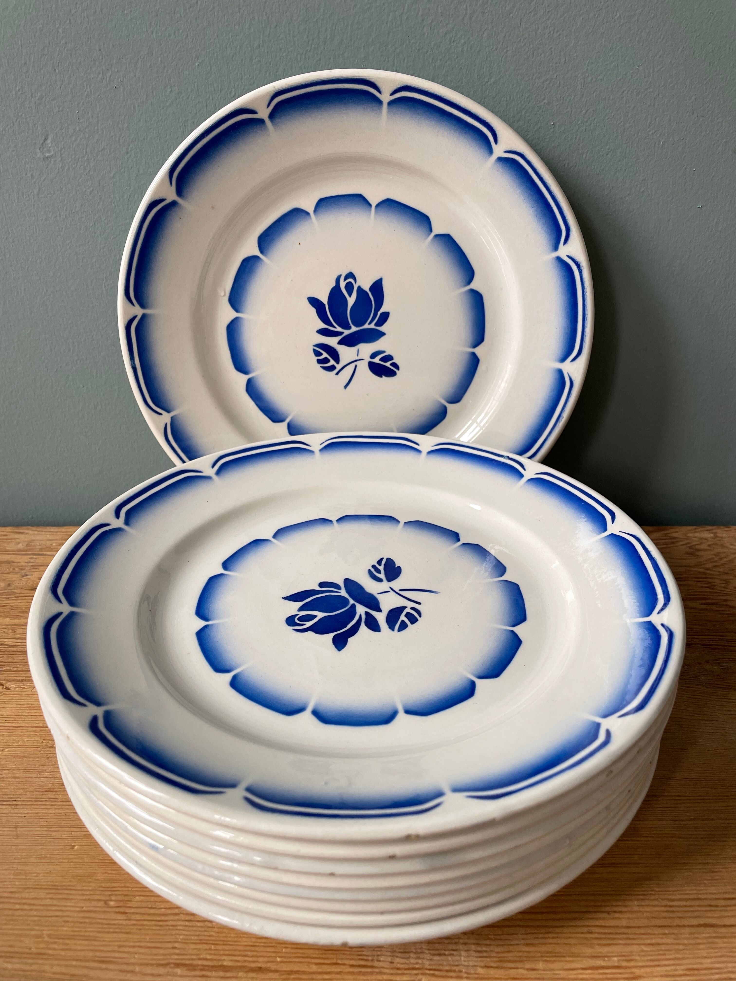 Lot de 9 assiettes plates vintage en porcelaine opaque de Badonviller