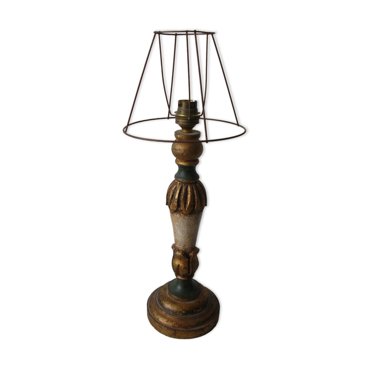 Old wooden lamp foot painted polychrome Made in Spain 33 cm bedside desk