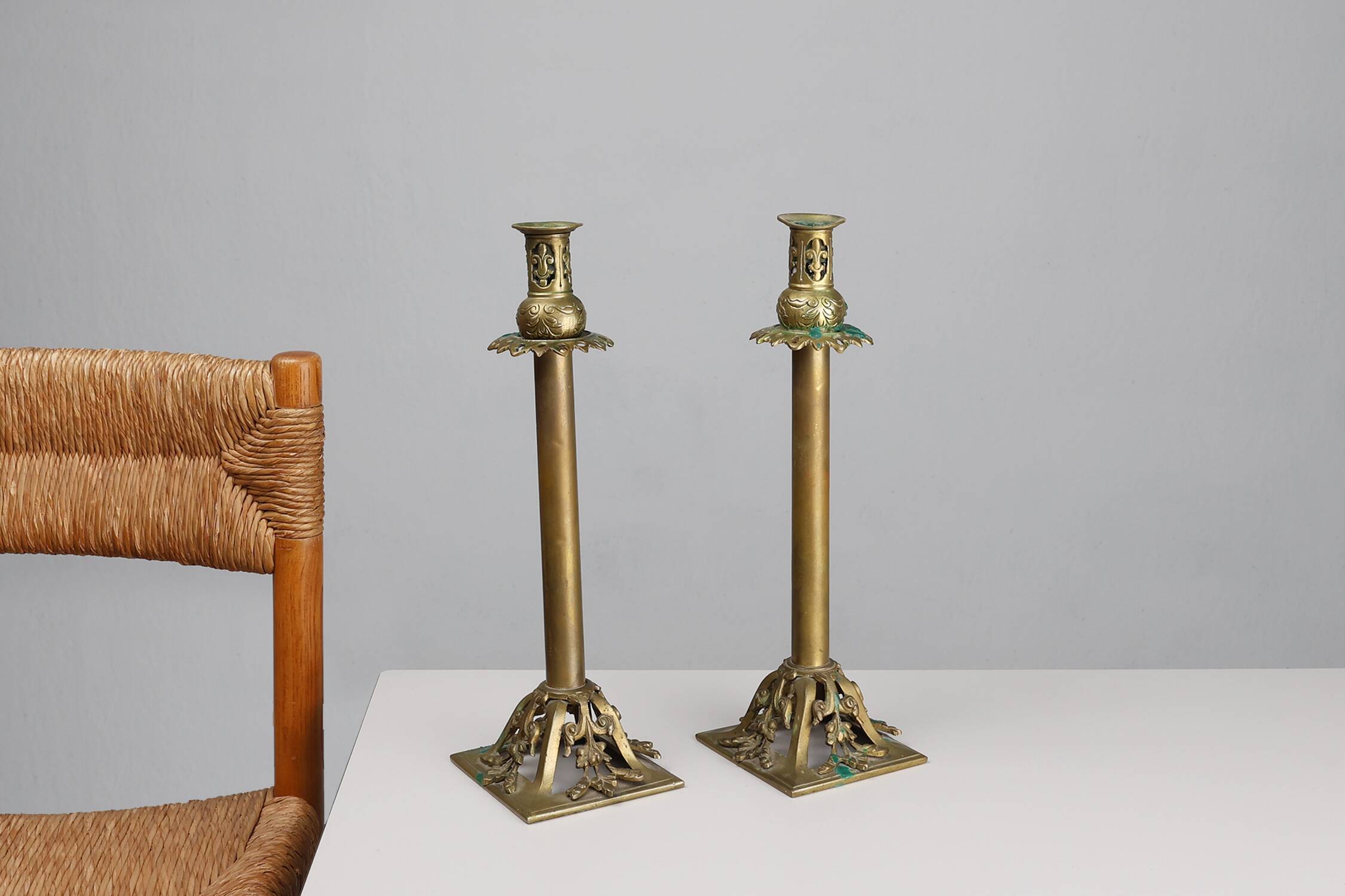 Pair of Antique French copper candlesticks in Baroque style, 1900s