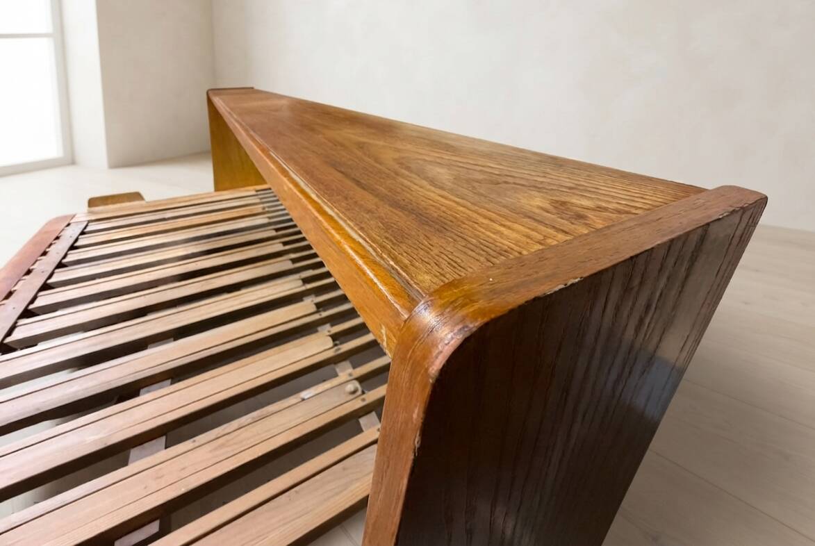 Mid-century wooden folding sofa bed frame, extendable daybed, Czechoslovakia, 190 × 151 × 77 cm