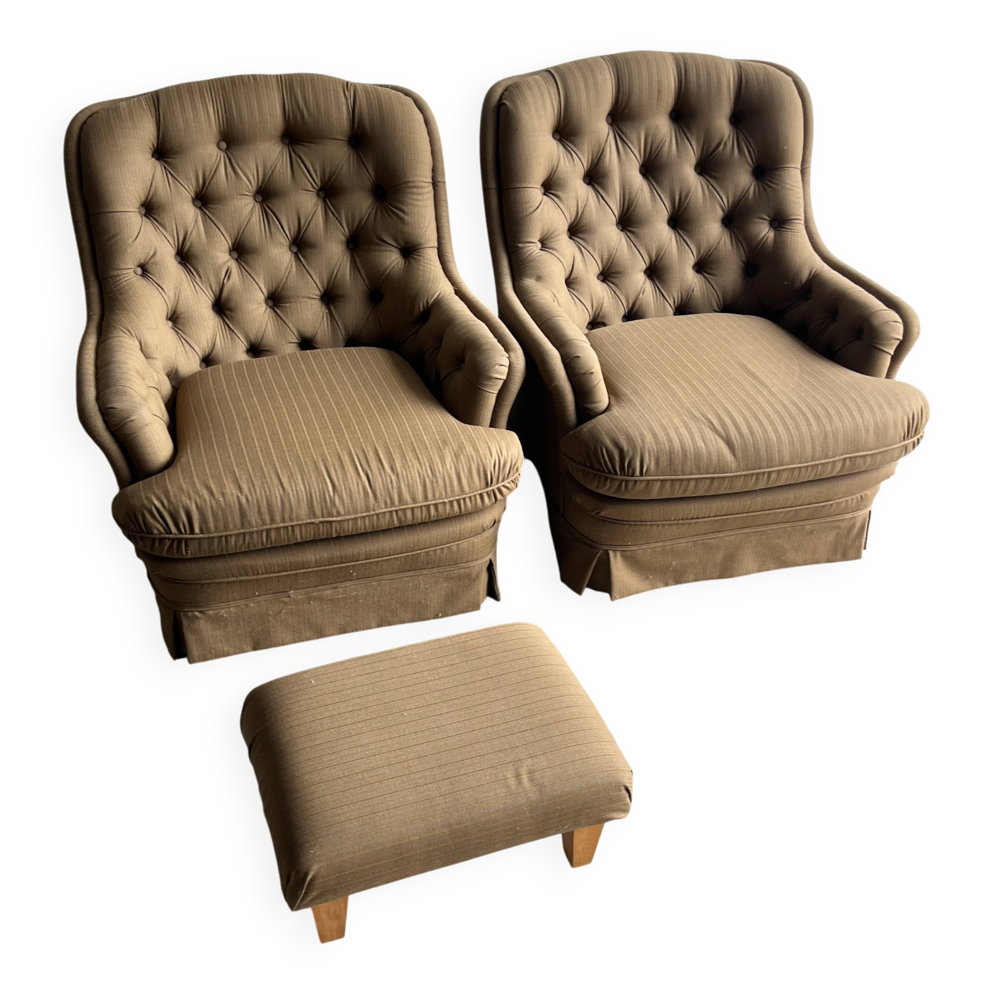 Pair of upholstered lounge chairs with ottoman, 1970s
