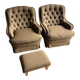 Pair of upholstered lounge chairs with ottoman, 1970s