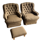 Paire de fauteuils lounge capitonnés avec ottoman, années 1970