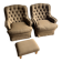 Pair of upholstered lounge chairs with ottoman, 1970s