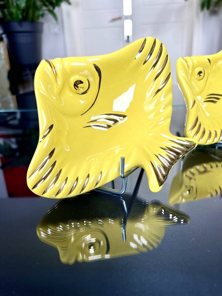 Soap Holder - Pair - Yellow Earthenware - Vintage Fish Bathroom Accessory