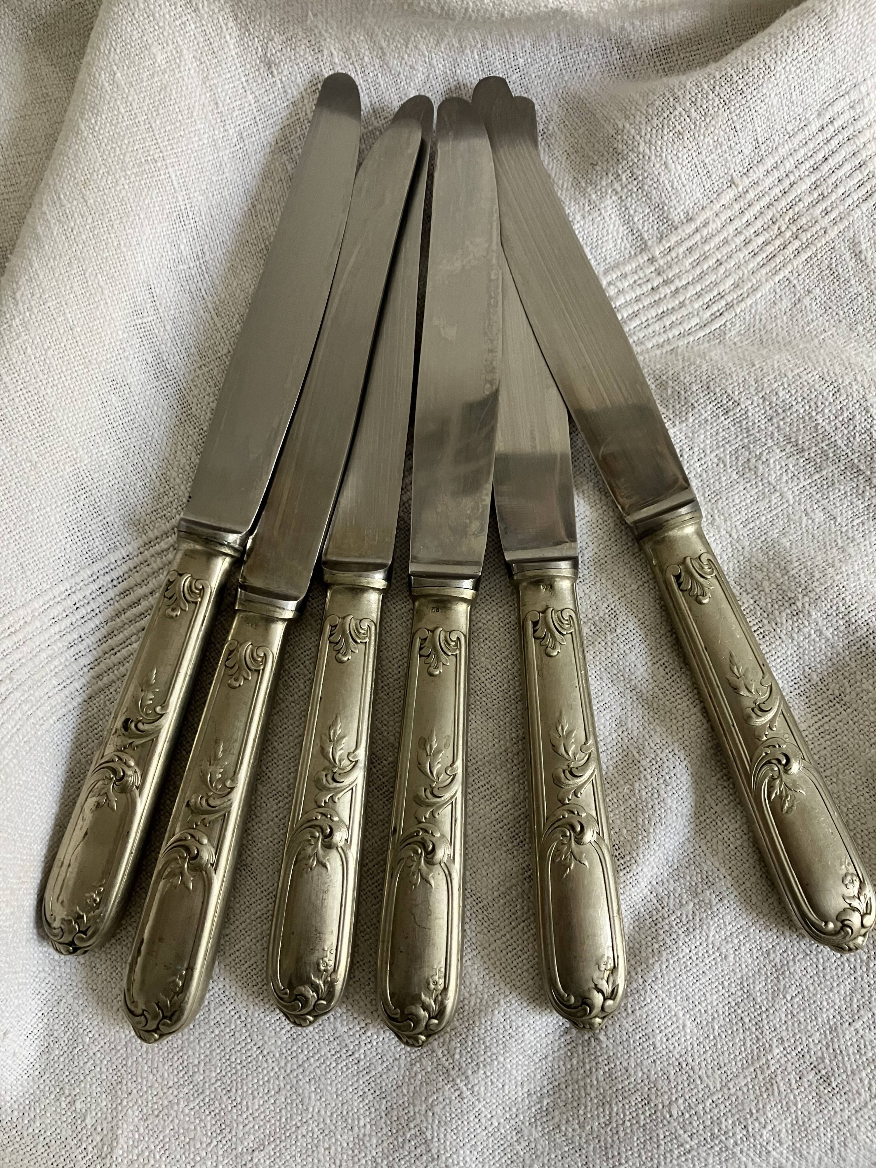 6 antique knives, silver plated metal