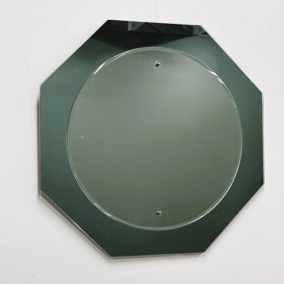 Miroir en verre aqua octogonal italien, miroir central rose doux, années 1970.
