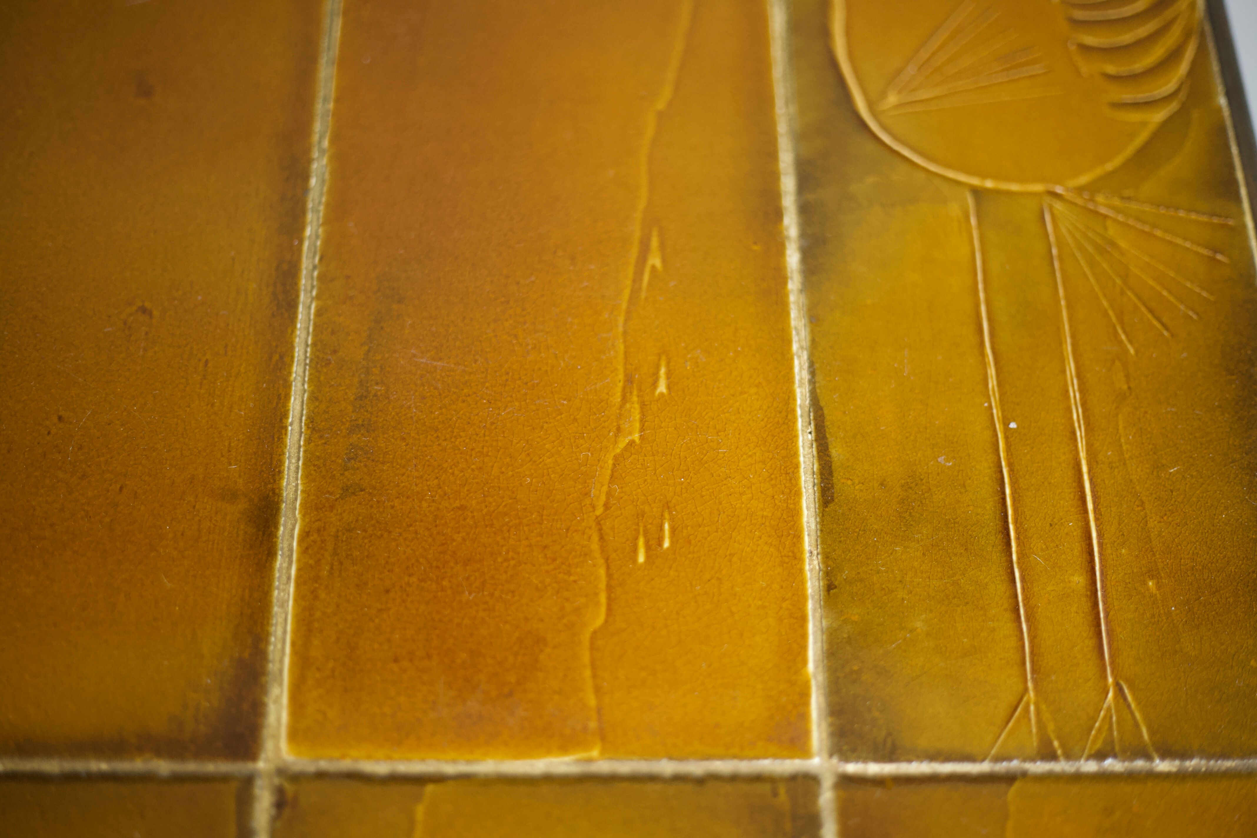 Coffee table signed Roger Capron, steel and ceramic, bird motif