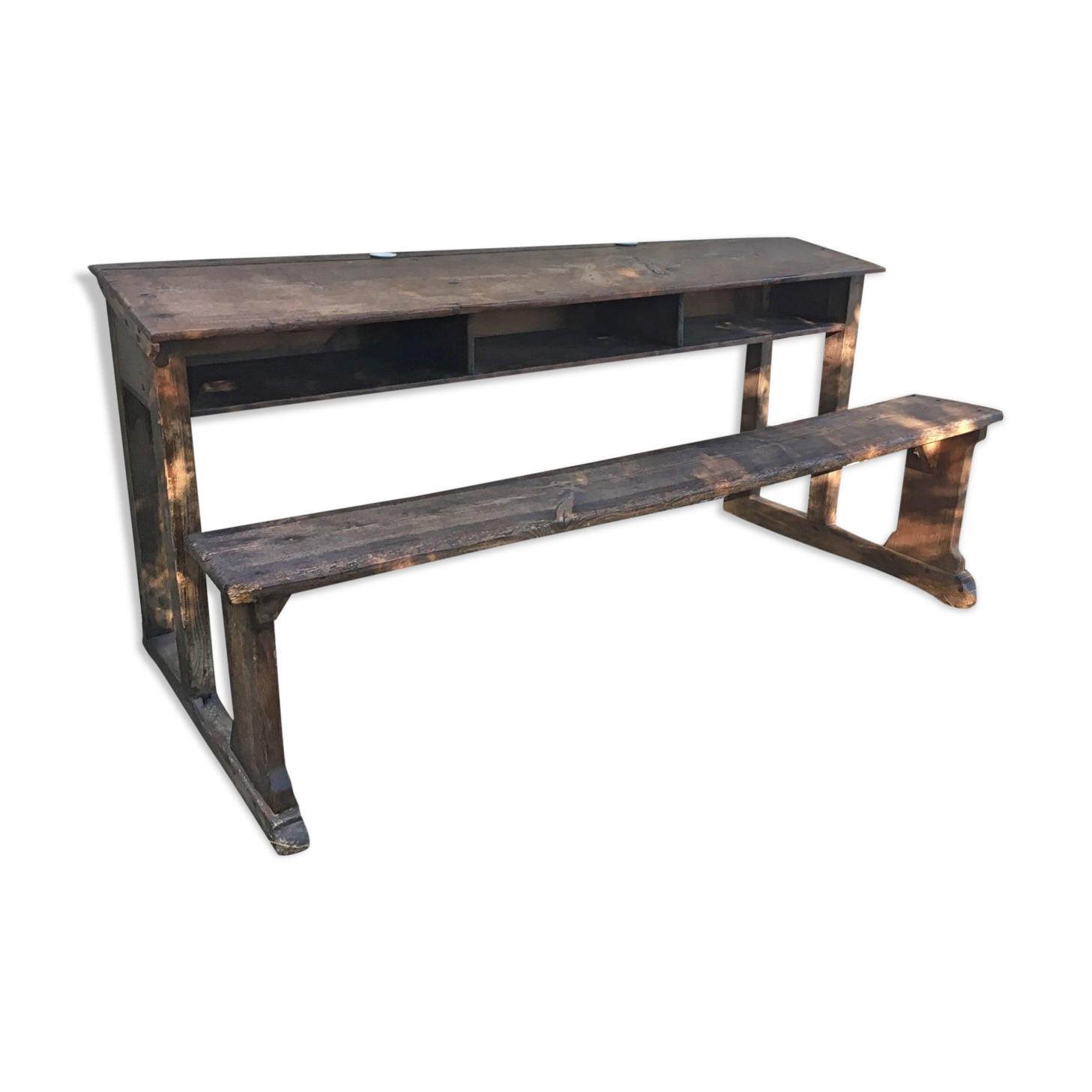 Pupitre D'écolier Vintage Double Place – Bois Massif, Années 1950, Patine Marron