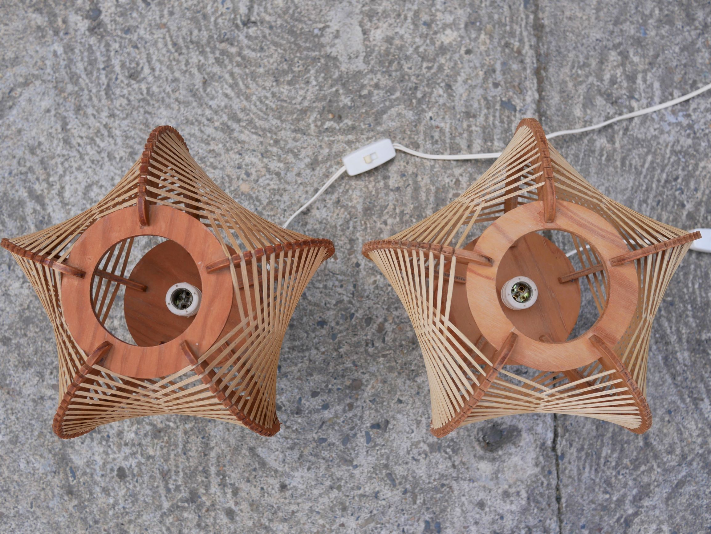 Pair of Scandinavian vintage wood and wire bedside lamps
