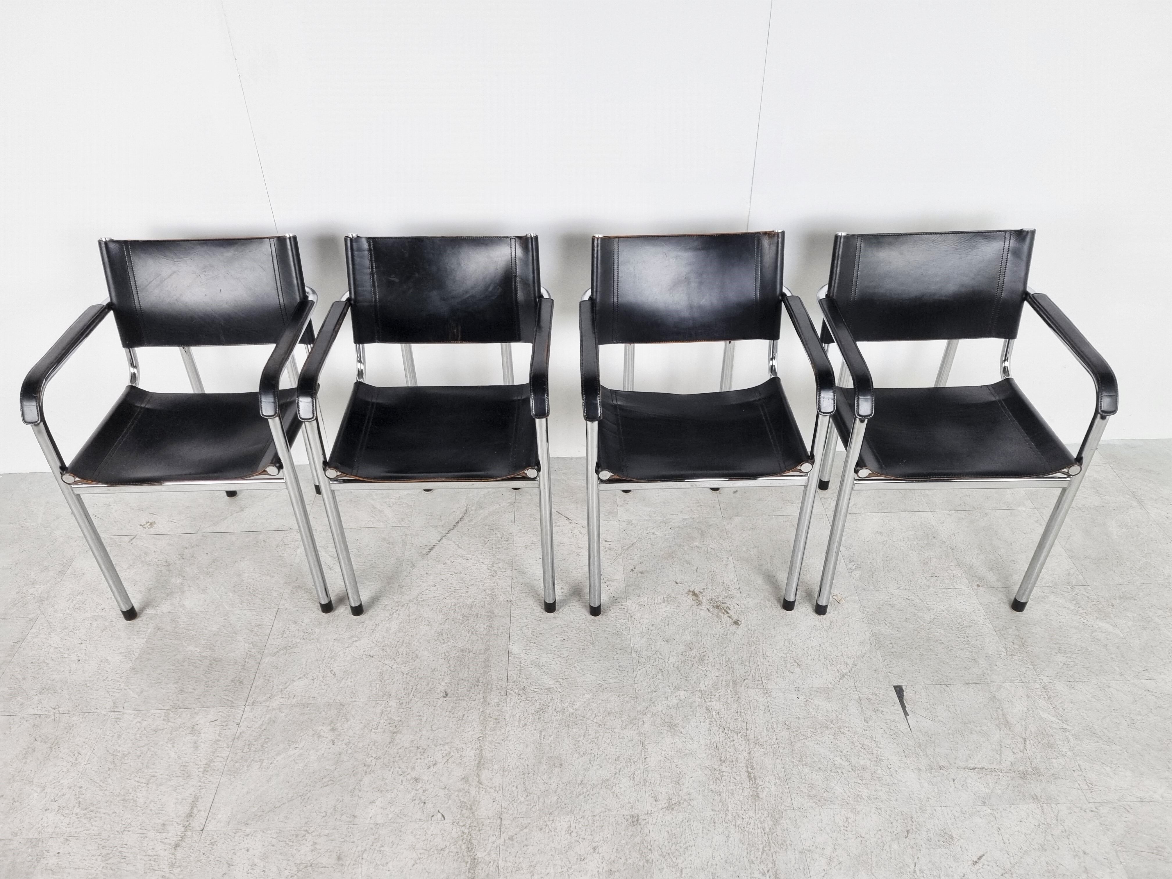Vintage chrome and leather dining chairs set of 4 - 1980s
