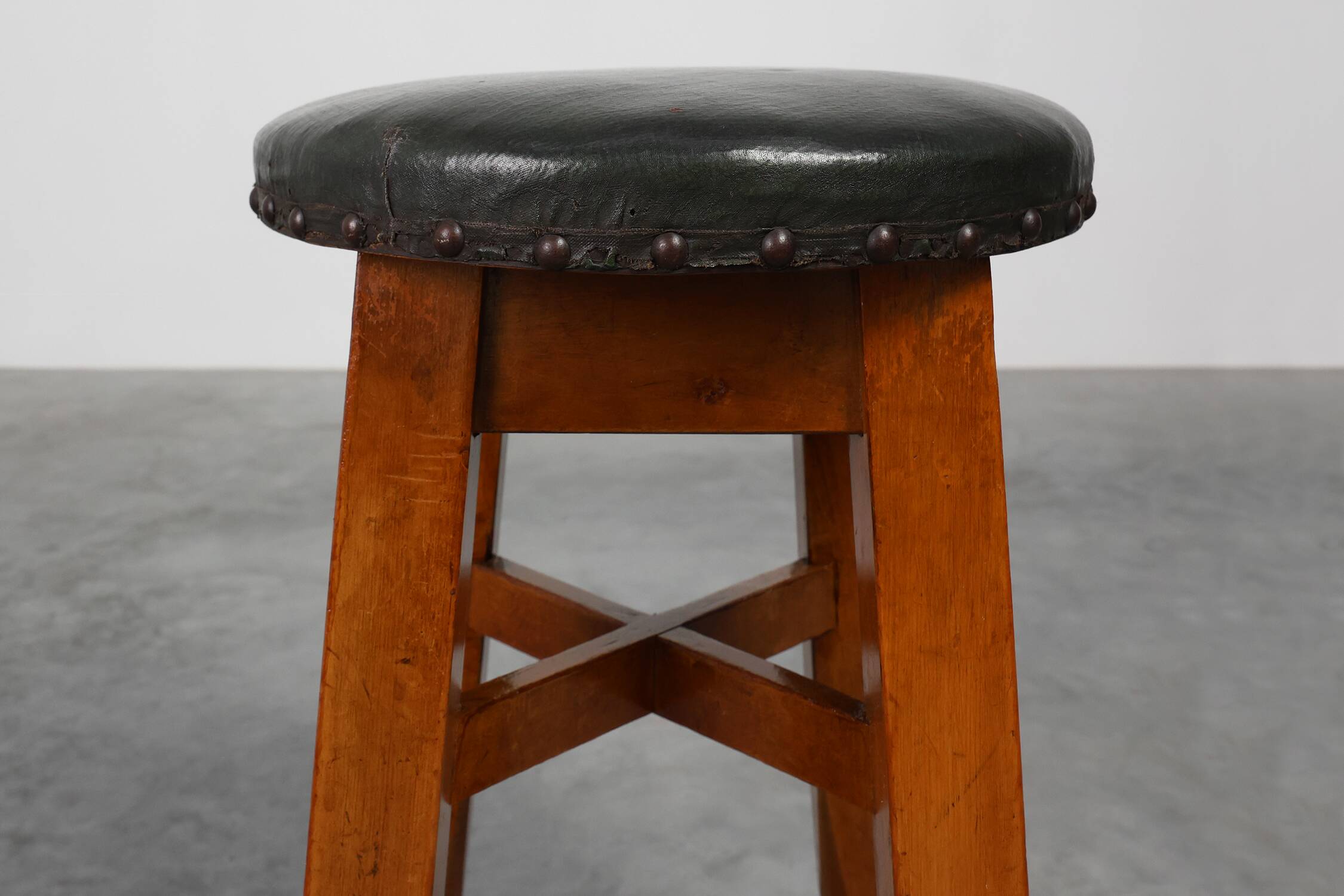 Arts & Crafts Meets Early Art Deco Oak & Leather Stool, France 1920