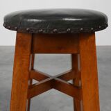 Arts & Crafts Meets Early Art Deco Oak & Leather Stool, France 1920