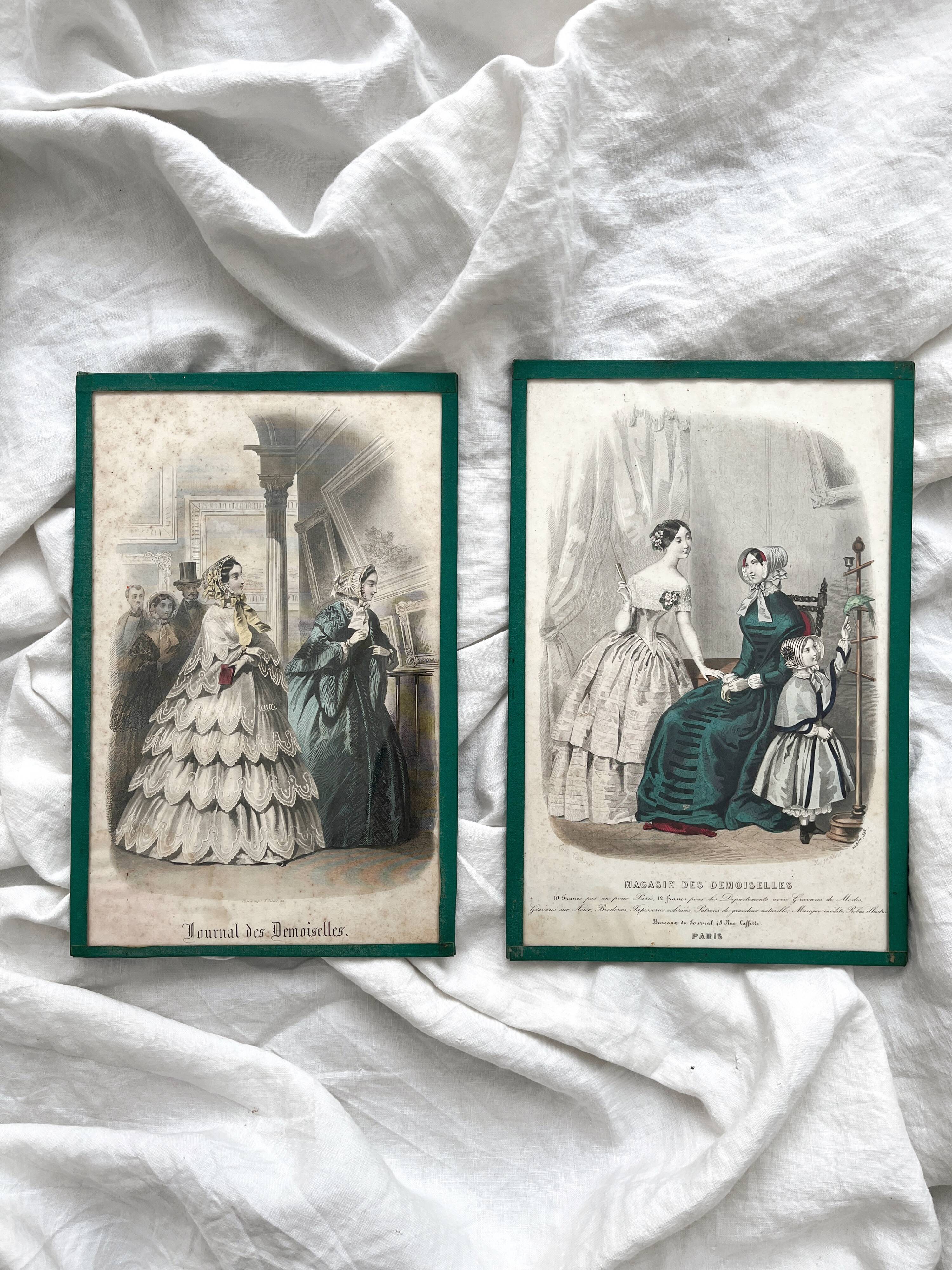 2 lithographs, antique fashion illustrations, under glass, 19th century