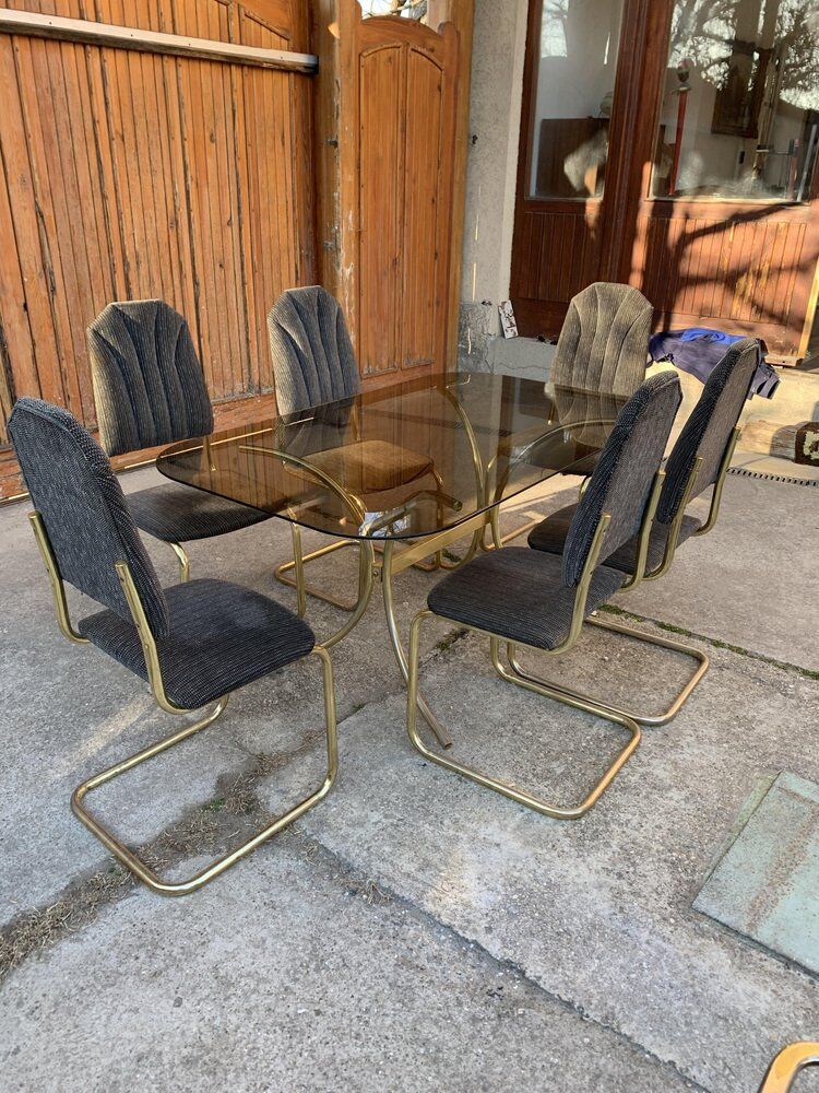 Chaises et table de salle à manger italiennes vintage en laiton, années 1970, lot de 7