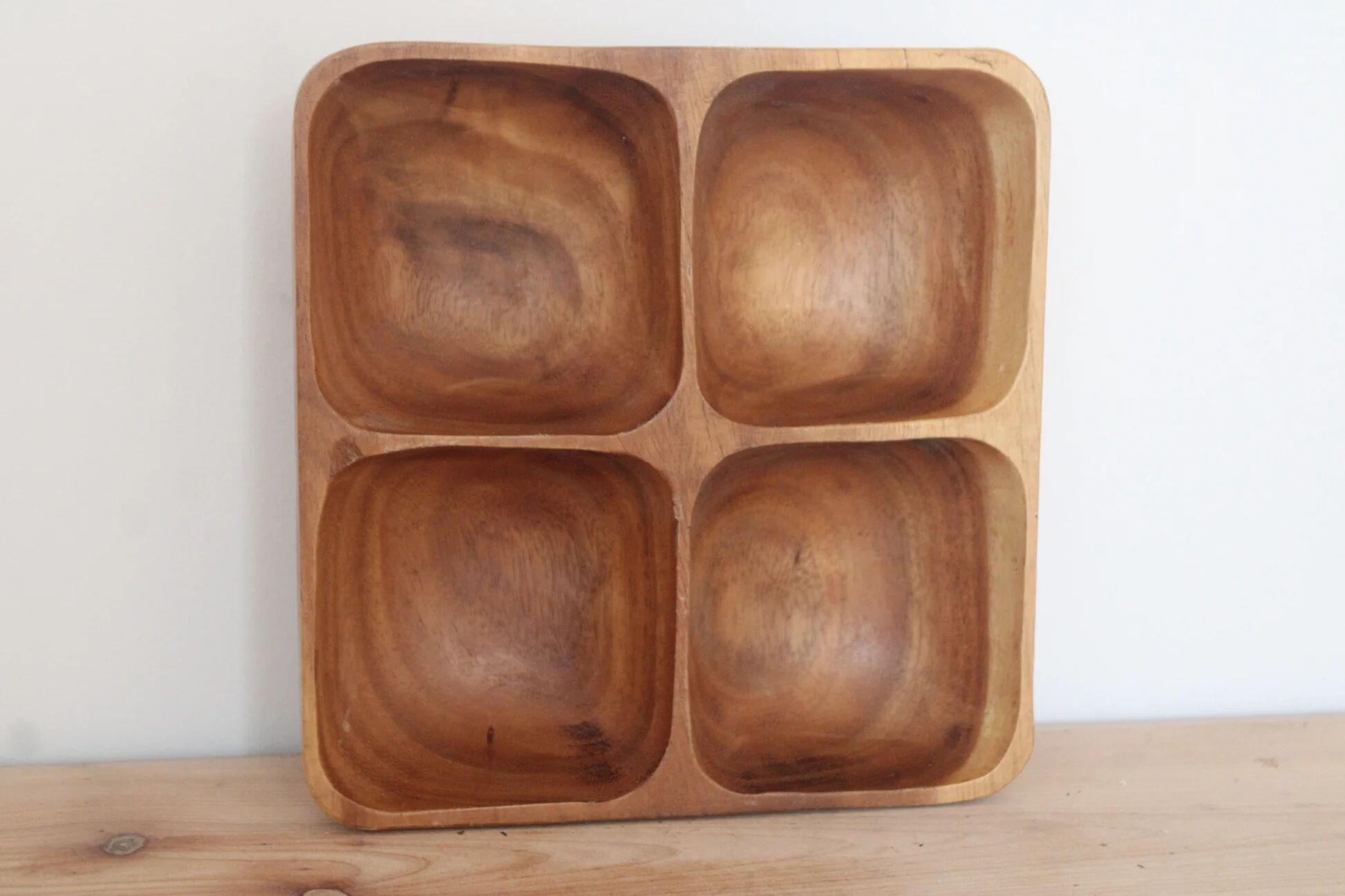 Vintage exotic wood aperitif platter – 4-compartment monkey pod style dish