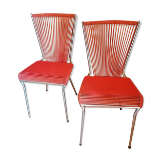 Set of 2 red scoubidou chrome chairs 1950 60