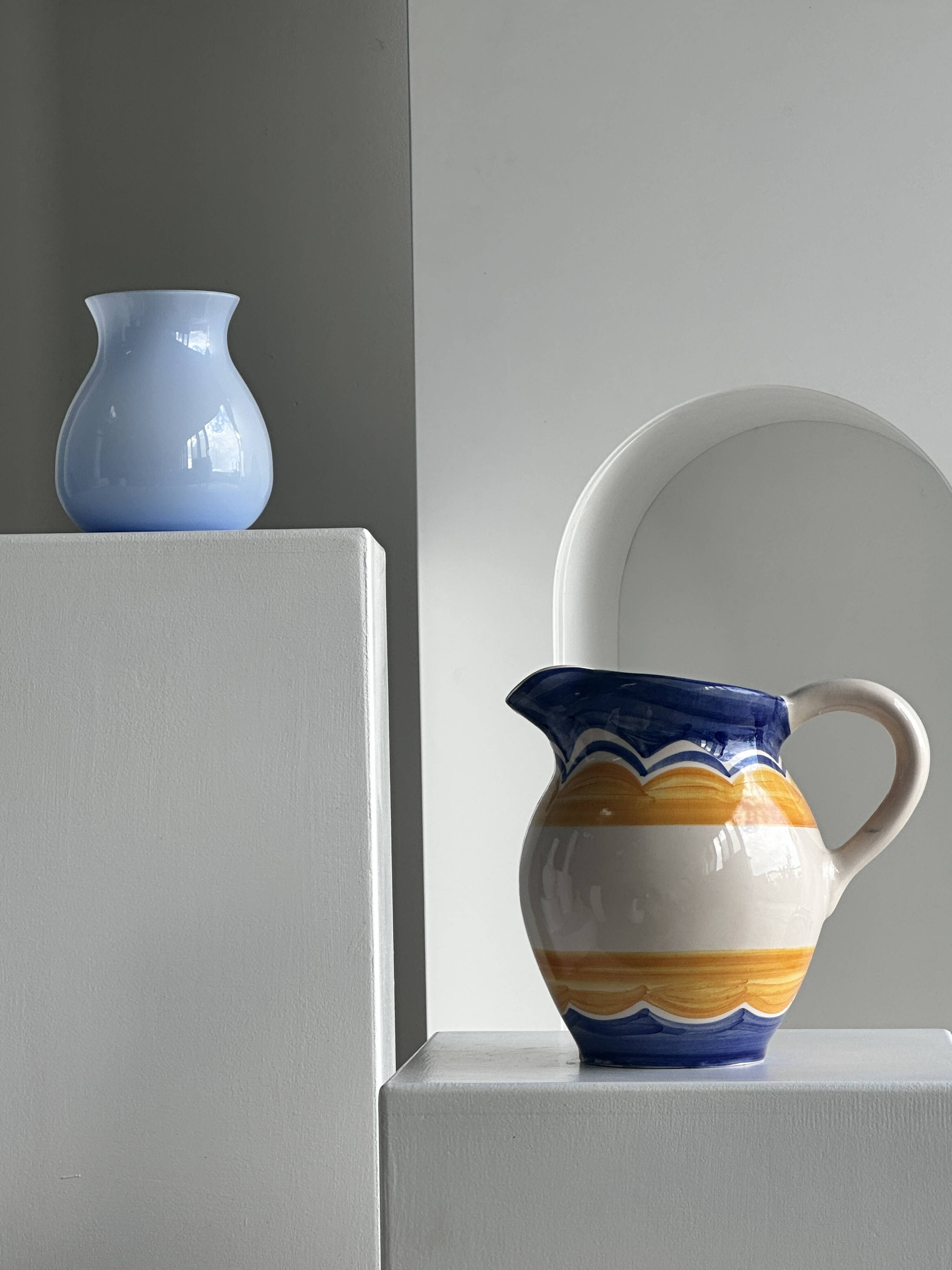 Large blue and yellow hand painted carafe H:20cm