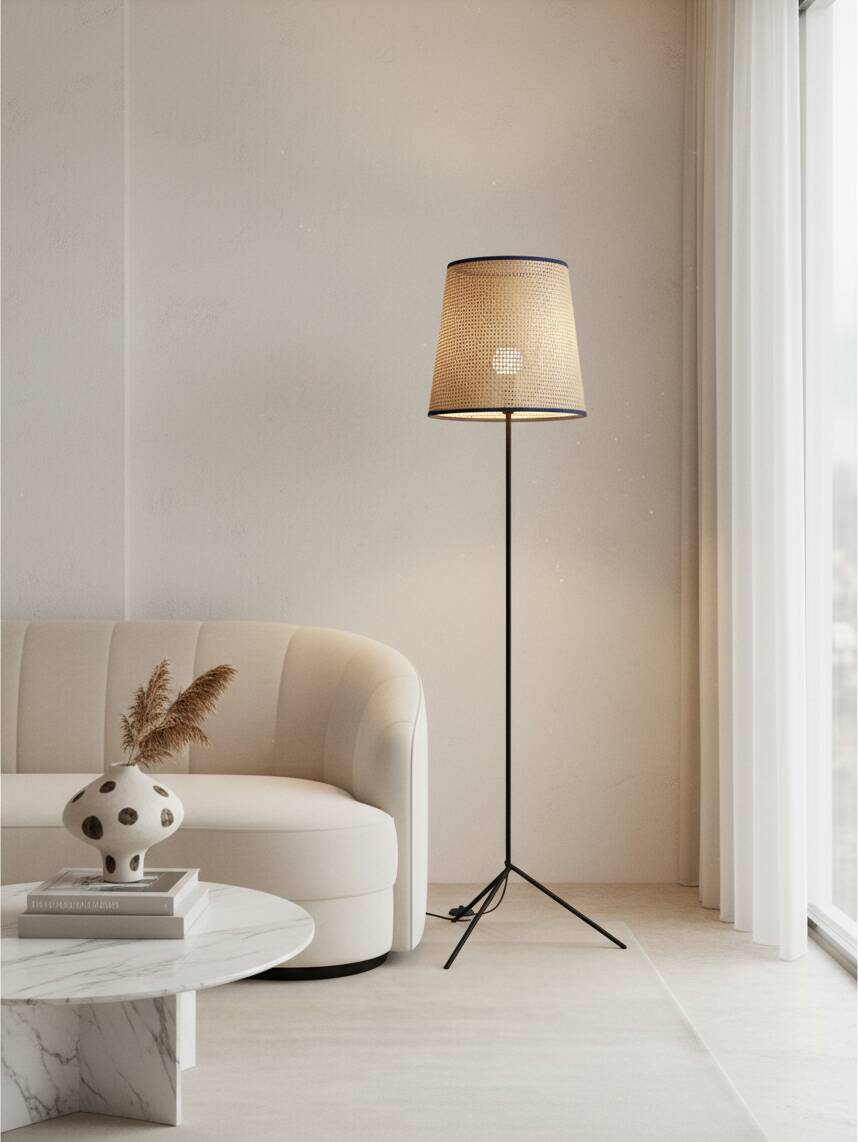 Modernist tripod floor lamp in black metal and cane from the 1950s/1960s.