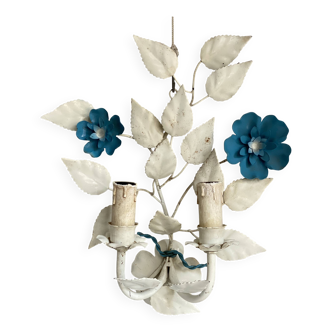 Vintage 1970s white and blue lacquered metal flower wall light.