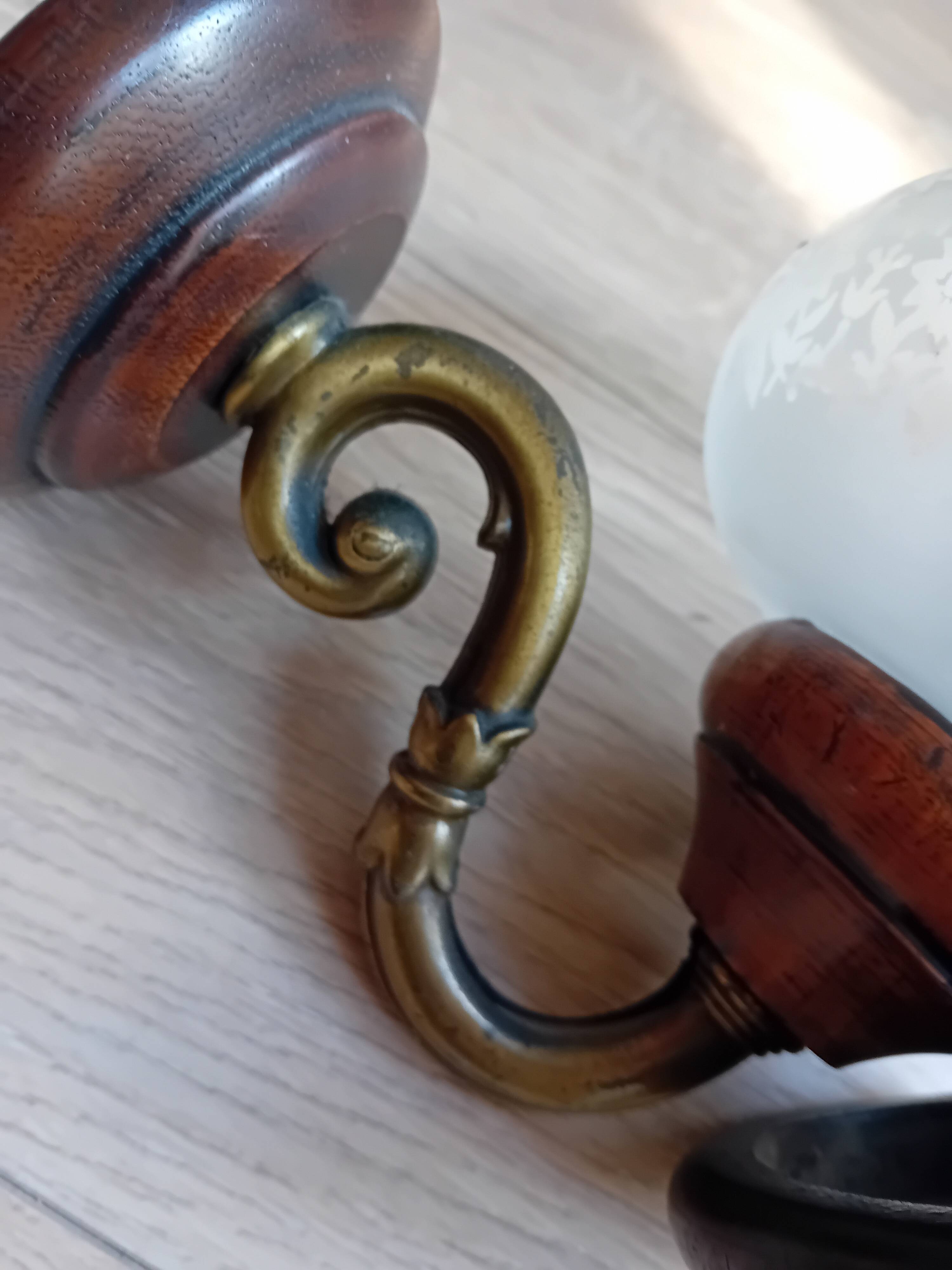 Pair of sandblasted glass, wood and brass wall lights