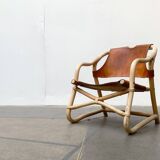 Mid-century safari lounge chair in bamboo and Danish leather, 1960s.