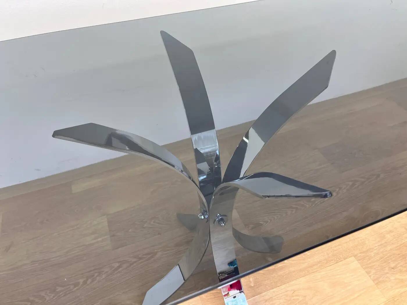 1970s Mid-century steel chrome and smoked glass dining table