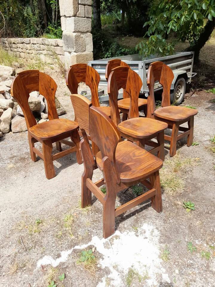 6 Belgian Brutalist Chairs in Solid Oak
