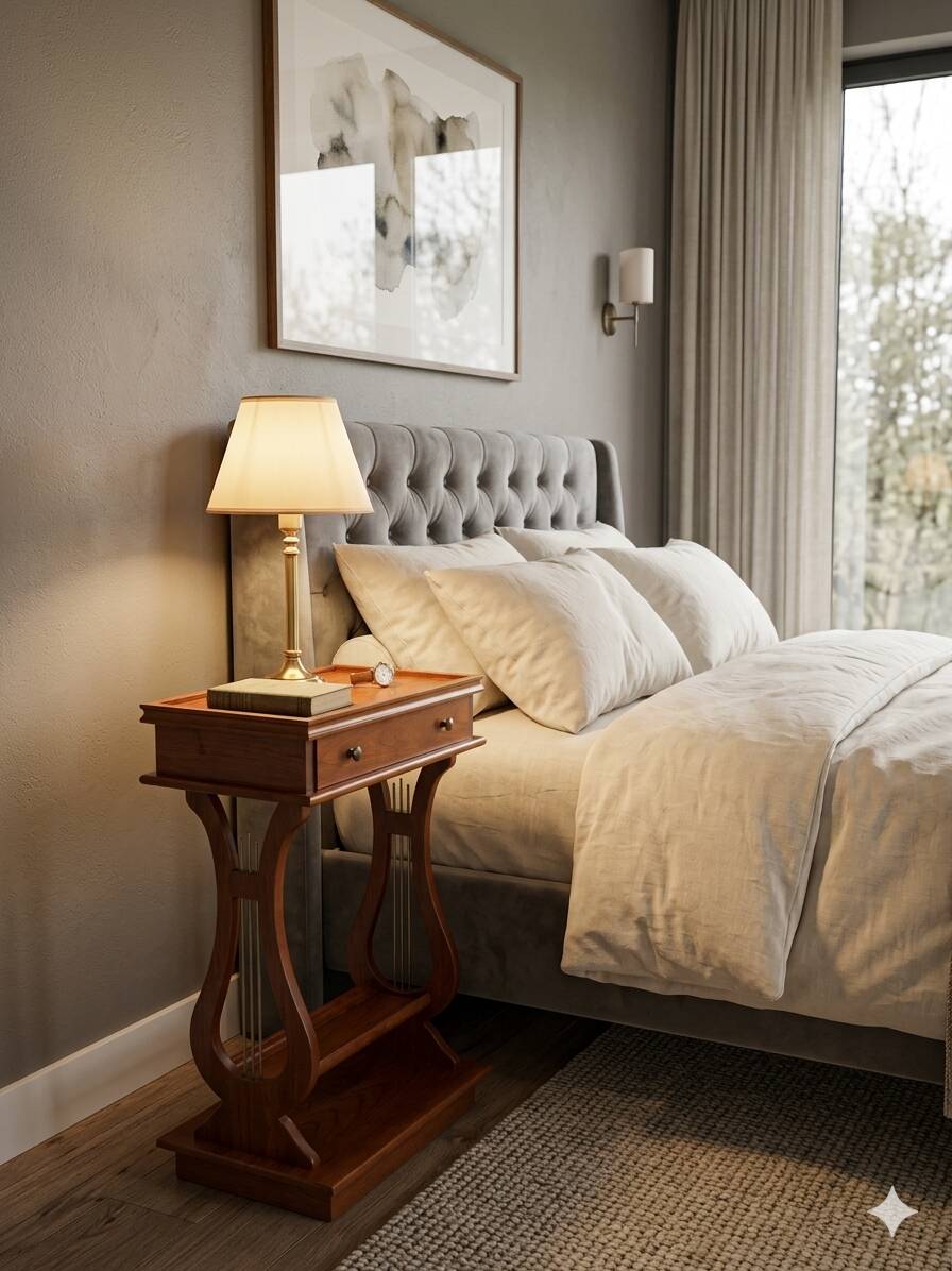 Lyre bedside table in solid cherry wood