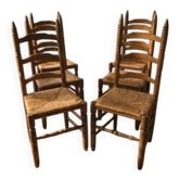 Ensemble de 6 chaises de salle à manger vintage en bois avec dossier échelle et sièges tissés.